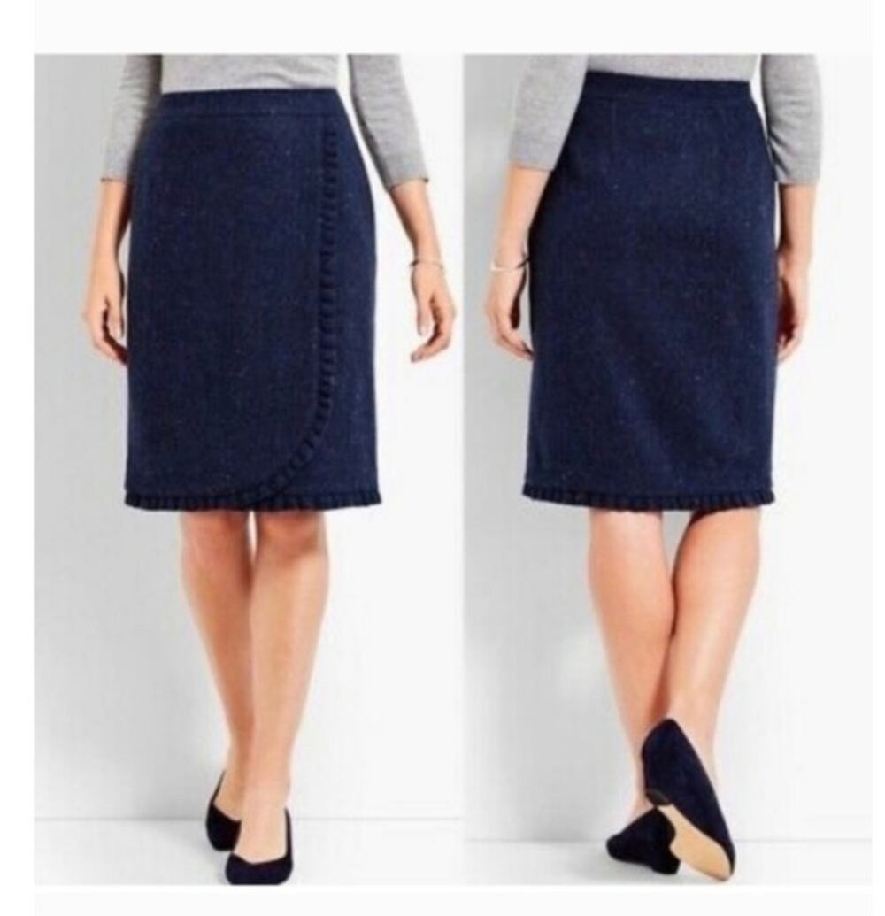Talbots Blue Wool Blend Tweed Pencil Skirt 10 Ruffle Hem Faux Wrap Lined NWT$119